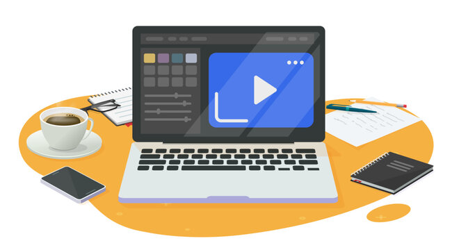 Video editing studio software on laptop computer vector graphic, pc movie film production work desk table modern, footage creator workspace office montage app, vlogger post content desktop image
