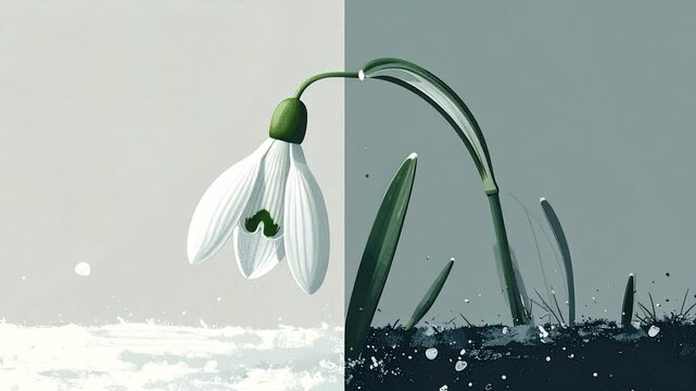 A snowdrop, half in snow, the other half in dark soil. Nature study