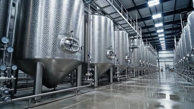 Rows of industrial steel fermenter tanks for beverage production. Modern winery or brewery equipment for large-scale alcoholic drink manufacturing process.