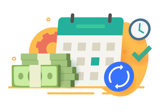 Recurring payment subscription in calendar icon vector graphic, money automatic billing monthly reminder for credit loan modern illustration design, salary schedule pay time, tax automate bank service