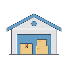 Warehouse Storage Building with Cardboard Boxes Icon Vector Illustration
