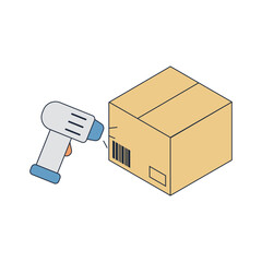 Handheld Barcode Scanner Scanning QR Code on Cardboard Box Vector