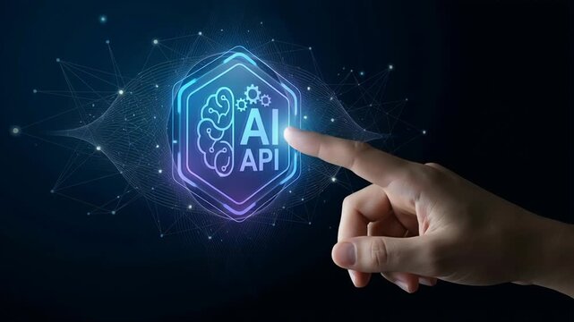 AI api integration system core cloud autonomous task saas development concept digital interface glowing dark background futuristic technology innovation management