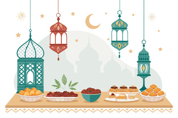 Beautiful Elegant Iftar Setup With Lanterns And Traditional Creative Visual