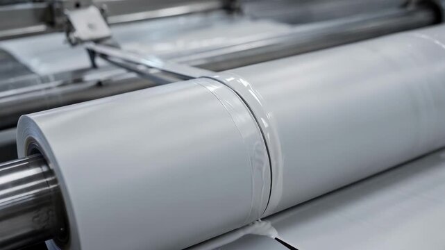 Medium shot of an adjustable knife precisely spreading matte liquid coating over a roll for a smooth nonreflective surface finish in industrial production.