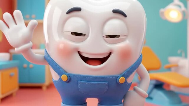 Cute tooth character in overalls waving, standing on top of a large toothbrush with toothpaste, promoting pediatric oral hygiene and dental care in a cheerful clinic setting