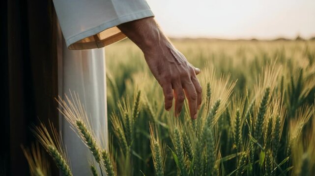 The hands of a historical figure in a white robe with stigmata, depicting Jesus, gently touch the ears of wheat in a field at sunset. A religious concept of Christianity.	
