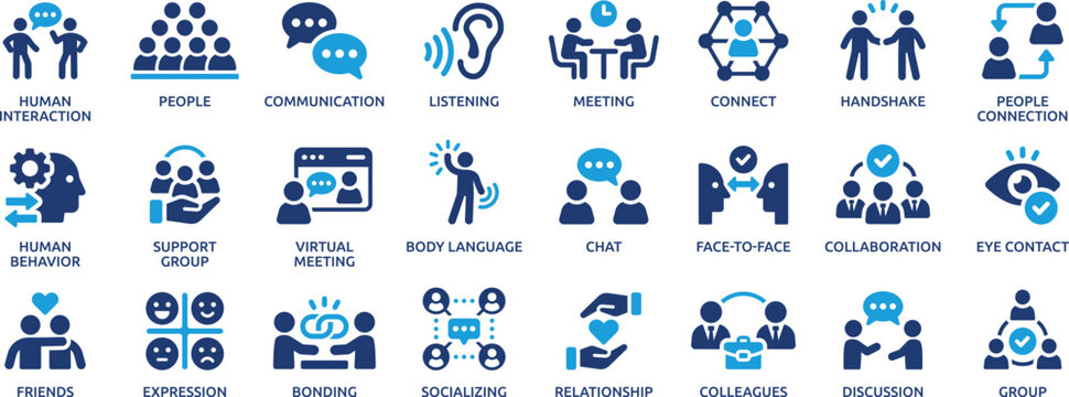 Human Interaction And Communication Blue Icon Set Social Connection Meeting Collaboration