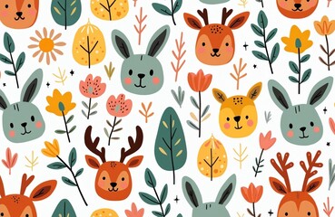Naklejka premium Cute woodland animals like deer and rabbits feature in this repeating folk art pattern. Stylized flowers and leaves add a playful touch to the festive, whimsical design perfect for kids decor.