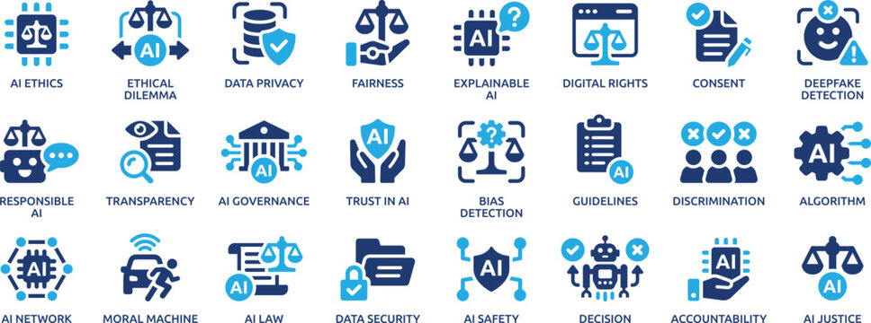 AI Ethics And Governance Icon Set Responsible Artificial Intelligence Privacy Fairness Transparenc