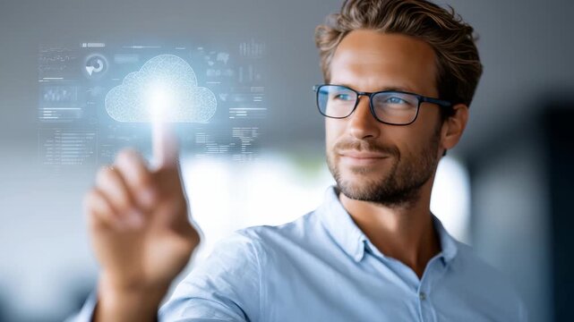 Confident young businessman in glasses interacts with a virtual cloud computing interface, symbolizing modern digital technology. Futuristic workspace highlights innovation and connectivity