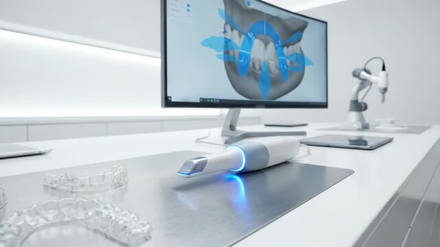Modern dental office showing an intraoral scanner, a 3d dental model with planned braces on a monitor, reflecting advanced orthodontic technology and clear aligner treatment