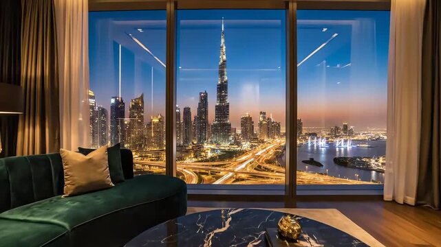 Luxury Living with Stunning Dubai Skyline View. 4k resolution video 30fps.