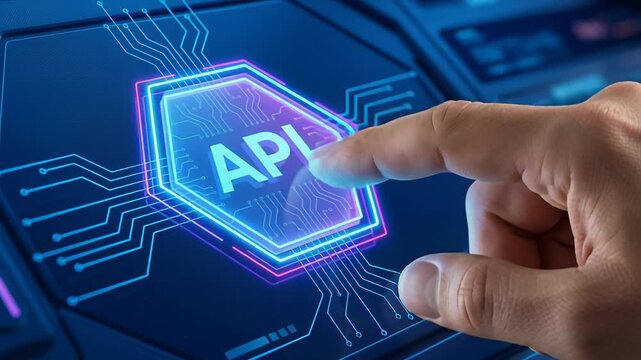 API integration system core cloud autonomous task SaaS development AI technology digital interface with finger touching glowing API icon for advanced software solutions and digital transformation