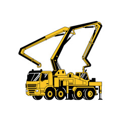 Yellow concrete pump truck with extended boom arms, side view, industrial illustration on white background © Pandamint
