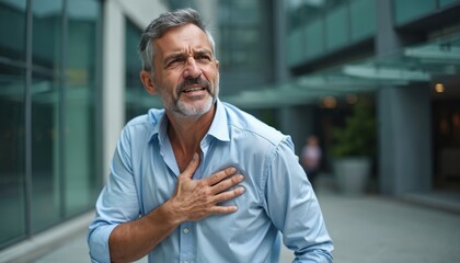 Naklejka premium Elderly man clutches chest in pain, likely heart attack or severe stress. He stands outdoors near modern building, showing urgent distress and suffering. Gray haired male needs medical aid now.