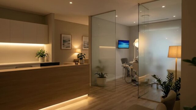 Modern dental clinic reception and waiting area with minimalist wood counter, contemporary lighting, potted plants and glass-walled treatment room for a bright, welcoming healthcare interior