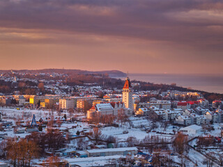 Obraz premium Beautiful Wladyslawowo city at the Baltic Sea at snowy winter, Poland.