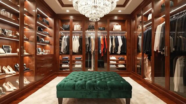 Luxury walk in closet featuring custom wooden cabinetry racks of clothing a velvet ottoman under a chandelier. 4k resolution video 30fps.