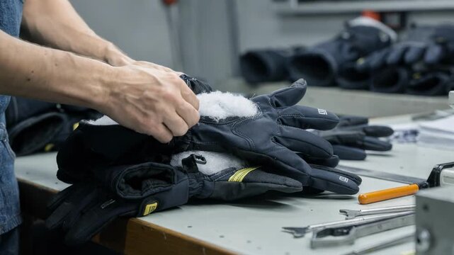 Skilled hands assembling synthetic fill and durable shells on medium shot benches crafting winter ski gloves designed for performance and weather resistance.