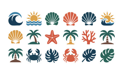 Beach and ocean icon collection with shells coral crab and palm vector illustration, easily editable.