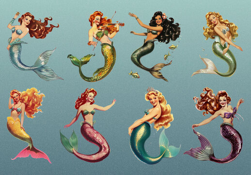 Colorful Vintage Mermaid Illustrations Element Design Set