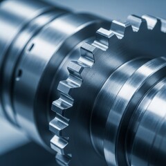 Fototapeta premium Extreme macro detail shot of precision-engineered metal gear teeth components on an advanced automated industrial robotic arm mechanism, advanced, manufacturing, reflection