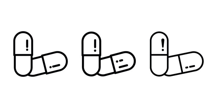 Pill capsule warning icon vector in outline flat style, for medicine and healthcare, black stroke on white background