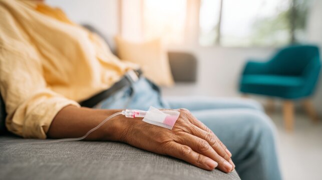 Elderly hand with an iv cannula attached, receiving infusion. Concept of senior health, home care, and wellbeing. Blurred