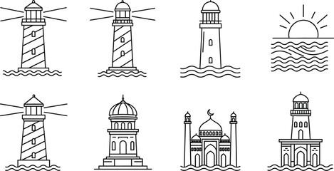 Lighthouse and coastal landmark icon set featuring sea waves mosque architecture and sunset outline © S O H A G