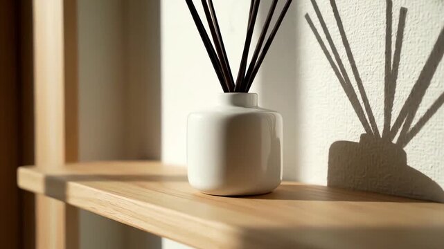 Minimalist home decor featuring a white reed diffuser casting shadows on a simple shelf, illuminated by natural window light. 4k resolution video 30fps.