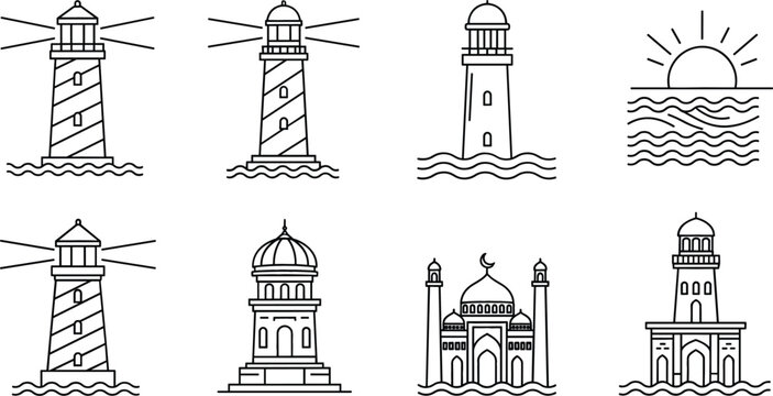 Lighthouse and coastal landmark icon set featuring sea waves mosque architecture and sunset outline