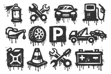 Obraz premium Grunge automotive icons: tools, car, fuel, maintenance symbols in black and white.