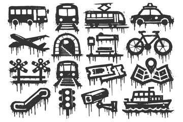 Obraz premium Grunge transportation icons set: buses, trains, bikes, and more.