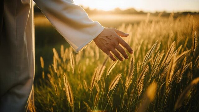 The hands of a historical figure in a white robe with stigmata, depicting Jesus, gently touch the ears of wheat in a field at sunset. A religious concept of Christianity.	

