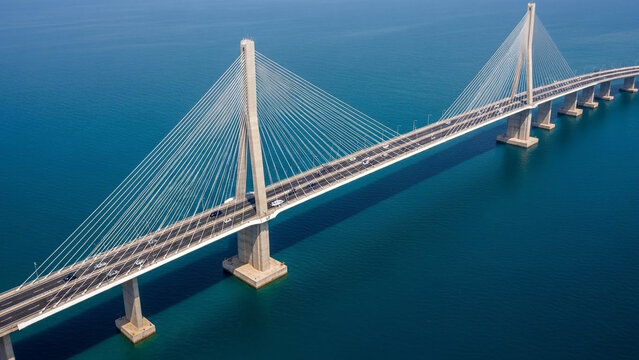 Modern cable stayed bridge spanning across calm blue waters with sleek architectural design and multiple support pillars