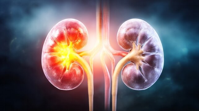 Human renal system showing kidney anatomy with glowing area highlighting disease or health problems. Blurred