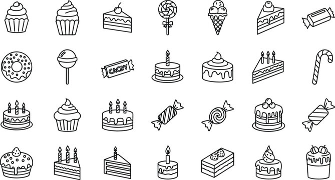 Sweet dessert and candy icon set featuring cakes cupcakes lollipops donuts ice cream and bakery treats