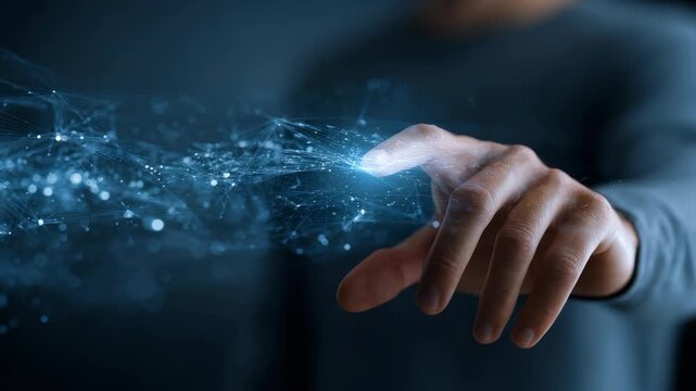 A person&rsquo;s hand reaches out to interact with a digital network interface, symbolizing innovation and futuristic technology. The scene conveys connectivity and virtual interaction