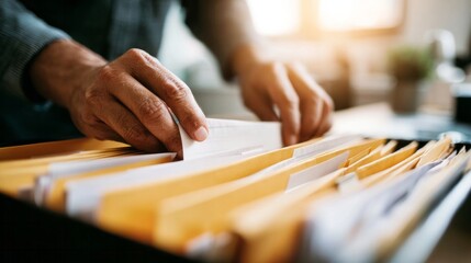 Hands organizing documents in file folders, searching for business data in an office archive. Blurred