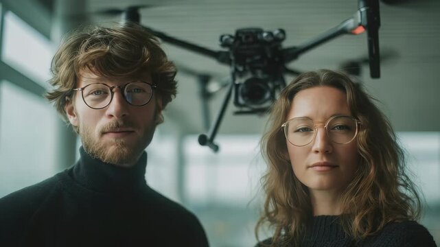 Confident young man and woman with glasses stand together in a modern office space, with a professional drone hovering in the background. Technology and innovation unite their vision