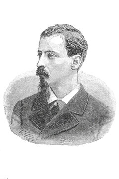 Henryk Sienkiewicz, Polish novelist and Nobel laureate, portrait in formal attire with mustache, facing three-quarters view, old vintage illustration, 1895.