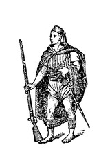 Kabyle warrior from the Algerian Highlands, holding a long rifle and sword, wearing traditional cloak, cap, and layered attire, old vintage illustration, 1897.