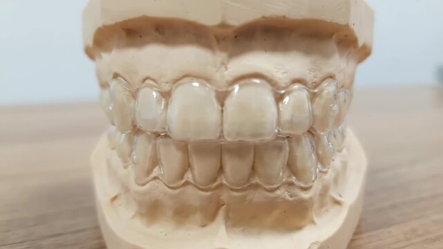 Plaster dental model displaying a set of transparent aligners on the upper and lower arches, representing a modern orthodontic treatment for correcting tooth alignment and enhancing oral health