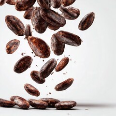 Obraz premium Falling cocoa beans on white background showcasing raw chocolate ingredient with motion blur