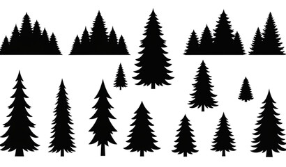 Obraz premium Black pine and fir tree silhouette icon set with evergreen Christmas forest vector isolated on white EPS 10