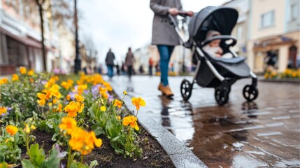 Obraz premium Mother pushing baby in stroller on wet city street with yellow flowers, urban life and parenting on a rainy day. Blurred