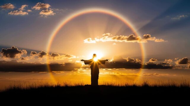 Silhouette of Jesus Christ statue with open arm. Christian religious icon. Faith and spirituality concept for Easter or Christmas.	
