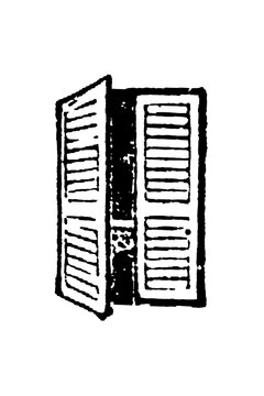 Persiennes, rustic open shutters with textured horizontal slats, detailed architectural illustration, old vintage illustration, 1897.