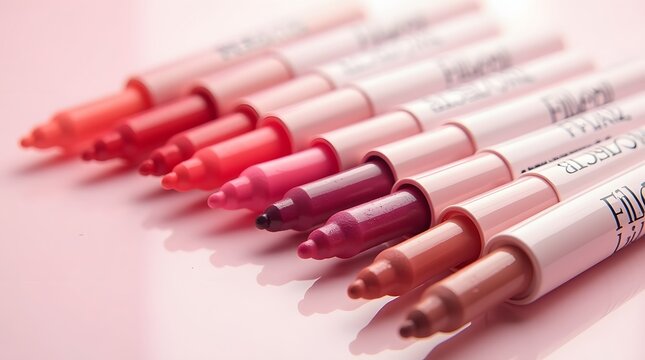 A vibrant collection of lip markers arranged in a gradient, showcasing diverse shades of pink and red on a reflective surface.